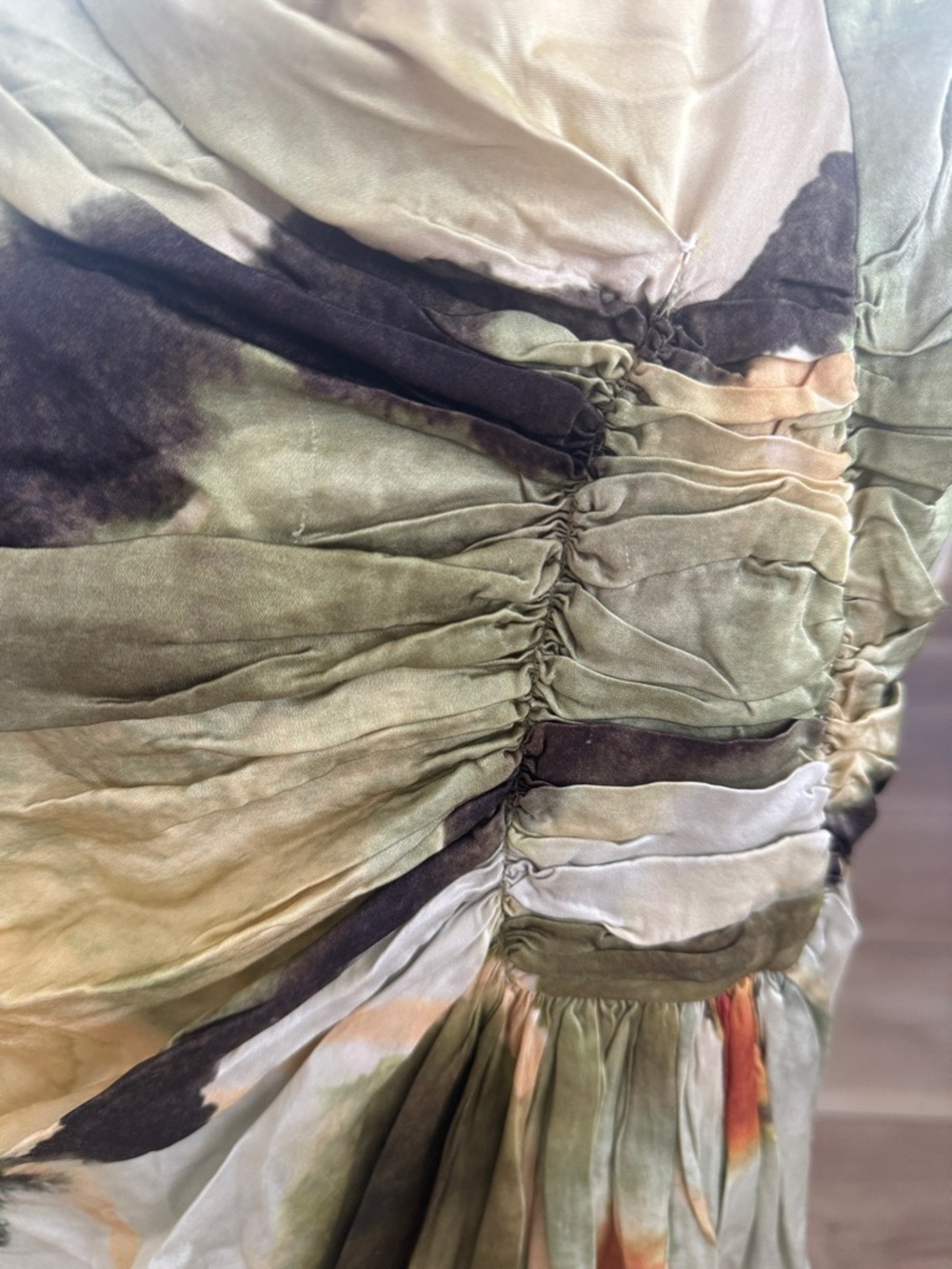 Satin Draped Tie-Detail Mini Dress in Peach-Green Watercolor - Picture 8 of 8